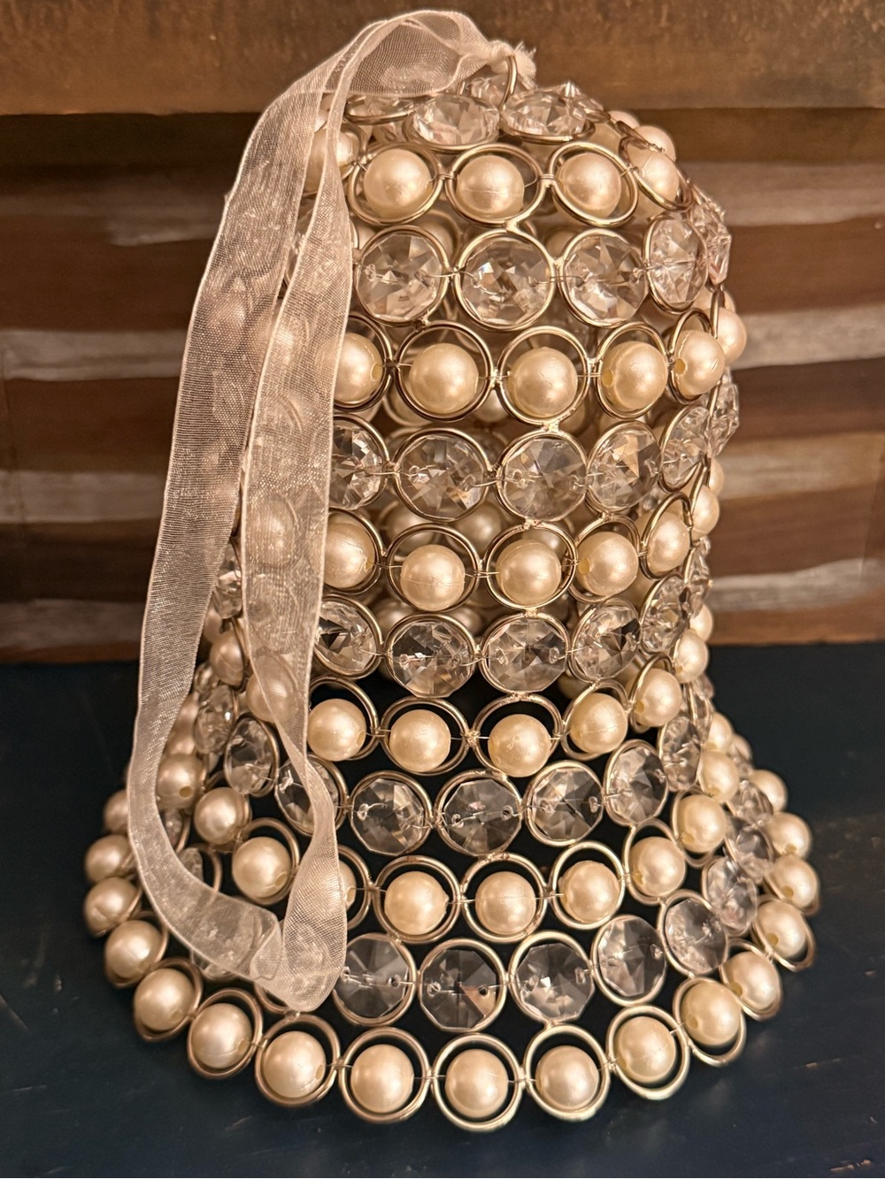 Rachel Zoe Stunning Caged Pearls & Crystal Glass Christmas Bell Tabletop Hanging